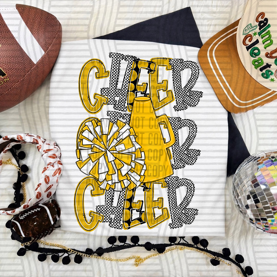 Mustard Tri Stacked Cheer DTF transfer on a white tee