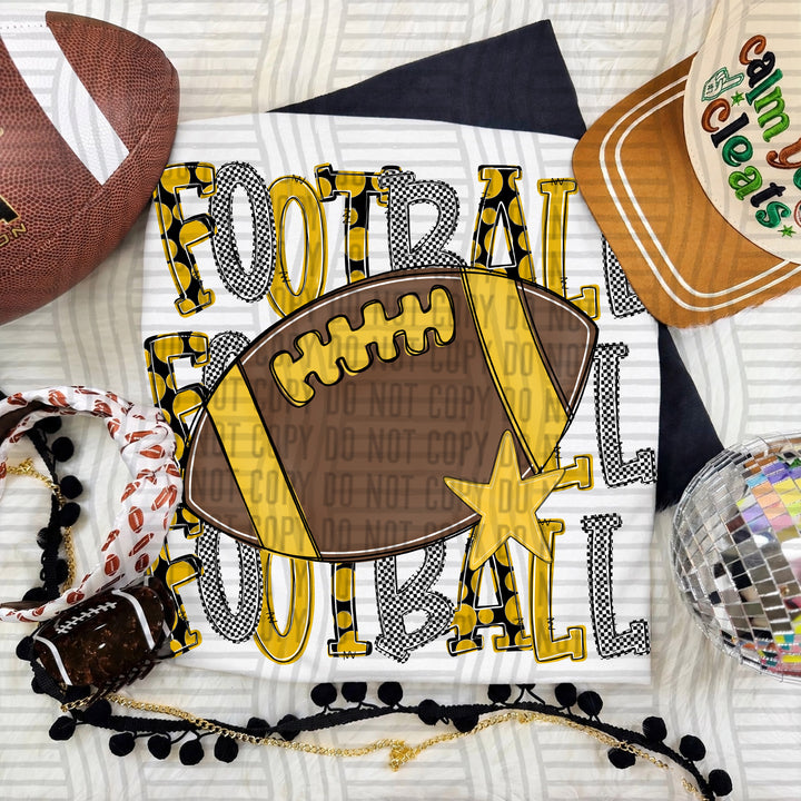 Mustard Tri Stacked Football DTF transfer on a white tee