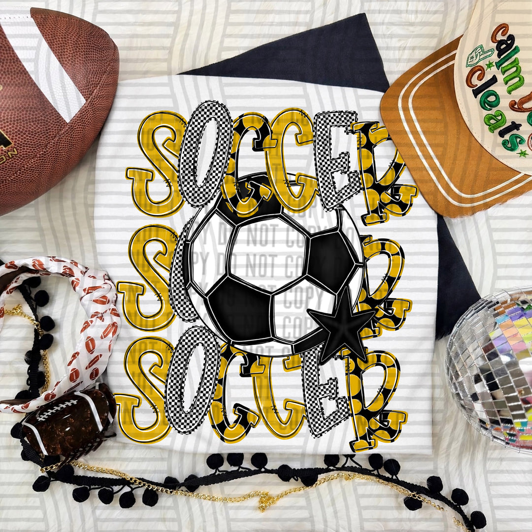 Mustard Tri Stacked Soccer DTF transfer on a white tee
