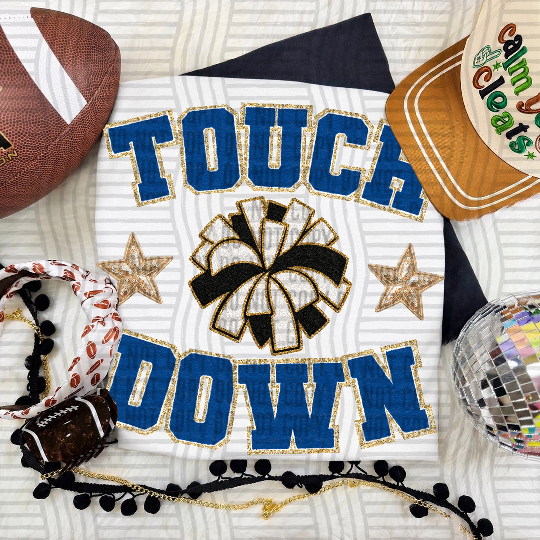 Navy Touchdown Faux Chenille Cheer DTF transfer
