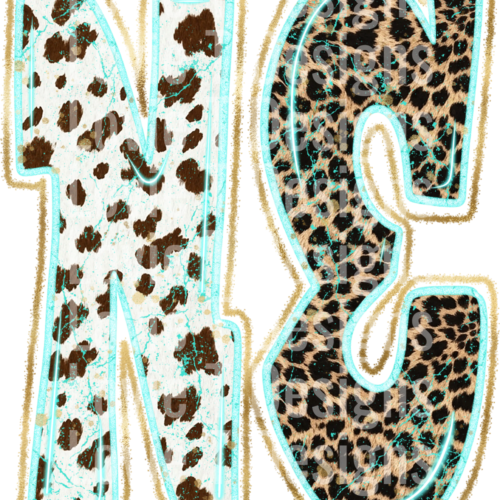 NE Turquoise Glow Gold Foil Western Leopard & Cow Print