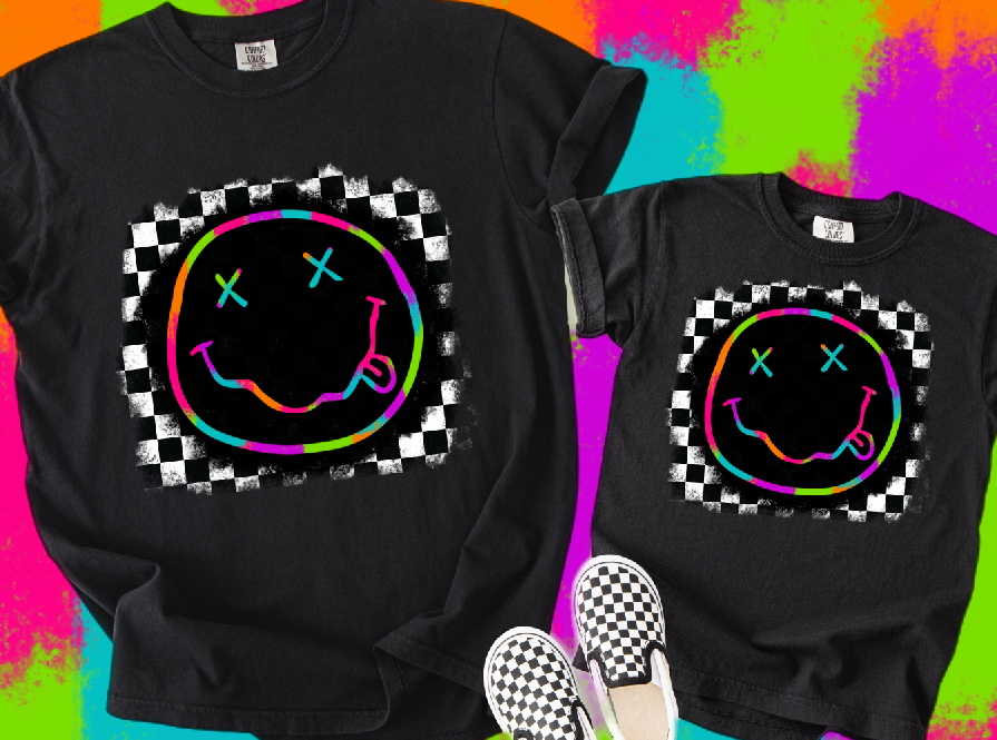Neon and Checkers Face DTF transfer design – image 1