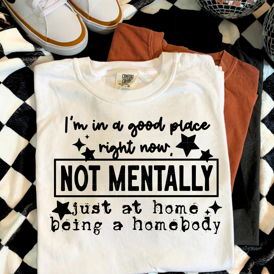 I'm in a Good Place Right Now Not Mentally Just At Home Being a Homebody Black DTF transfer design – image 1
