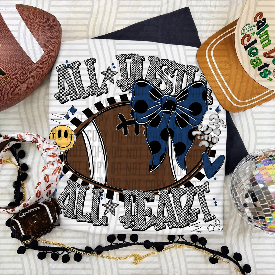 Navy All Hustle All Heart DTF transfer pressed on a tee