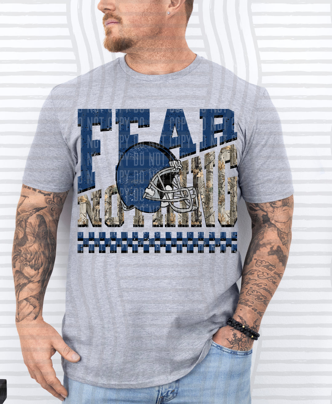 Navy Fear Nothing Helmet DTF transfer pressed on a tee