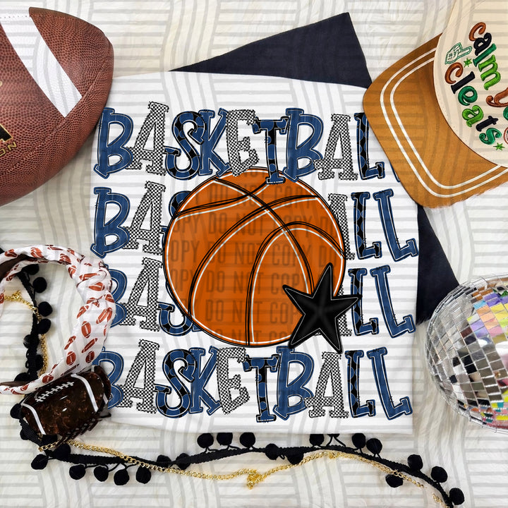 Navy Quad Stacked Basketball DTF transfer on a white tee