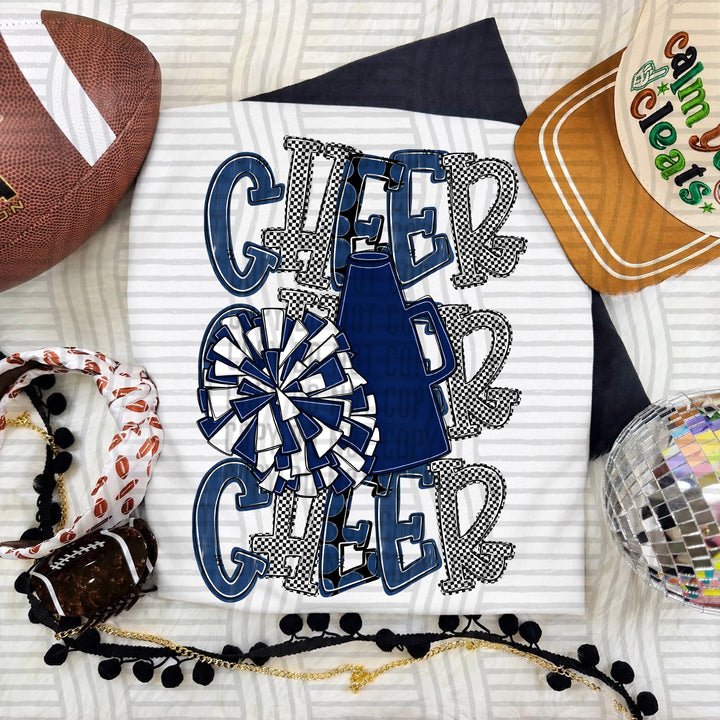 Navy Tri Stacked Cheer DTF transfer on a white tee