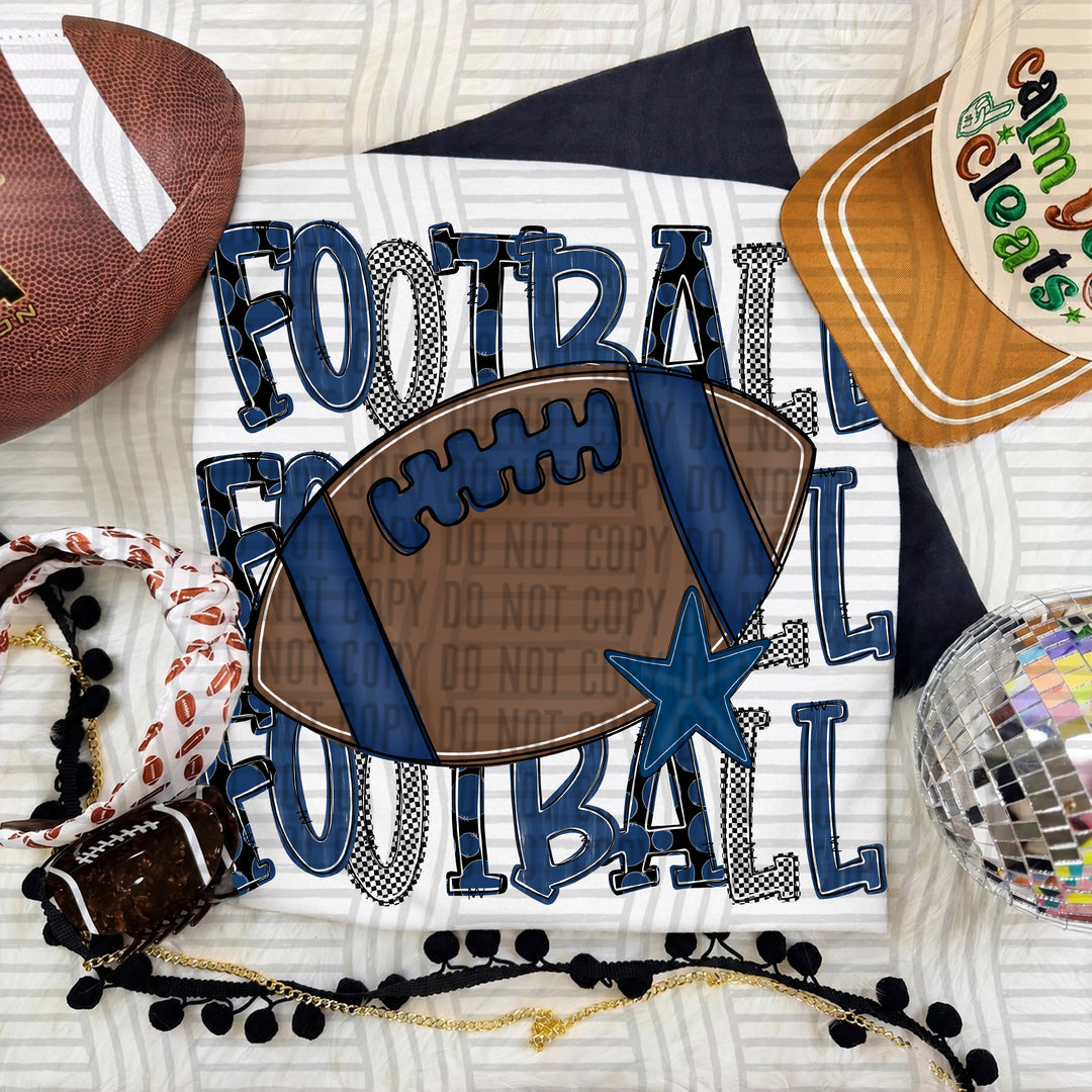 Navy Tri Stacked Football DTF transfer on a white tee