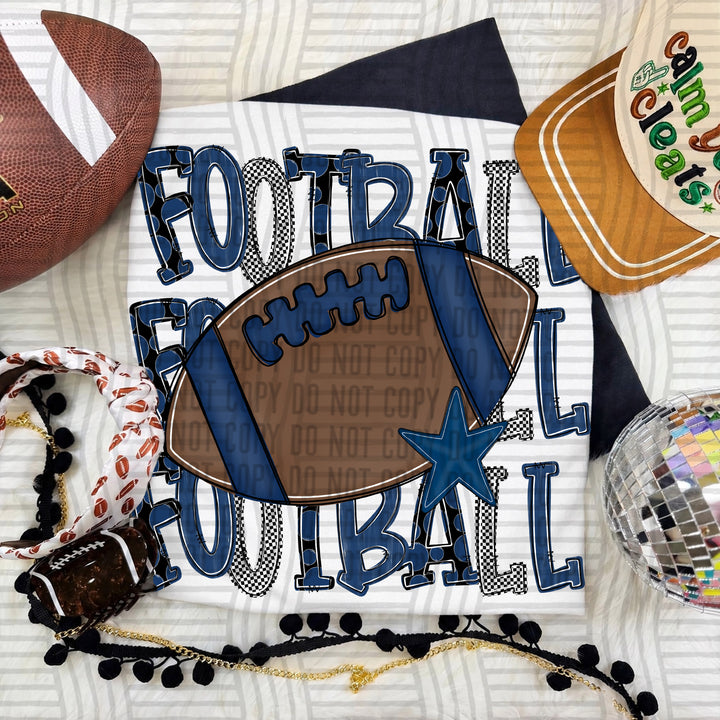 Navy Tri Stacked Football DTF transfer on a white tee