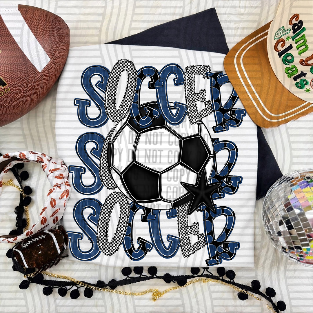 Navy Tri Stacked Soccer DTF transfer on a white tee
