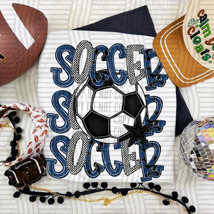 Navy Tri Stacked Soccer DTF transfer on a white tee