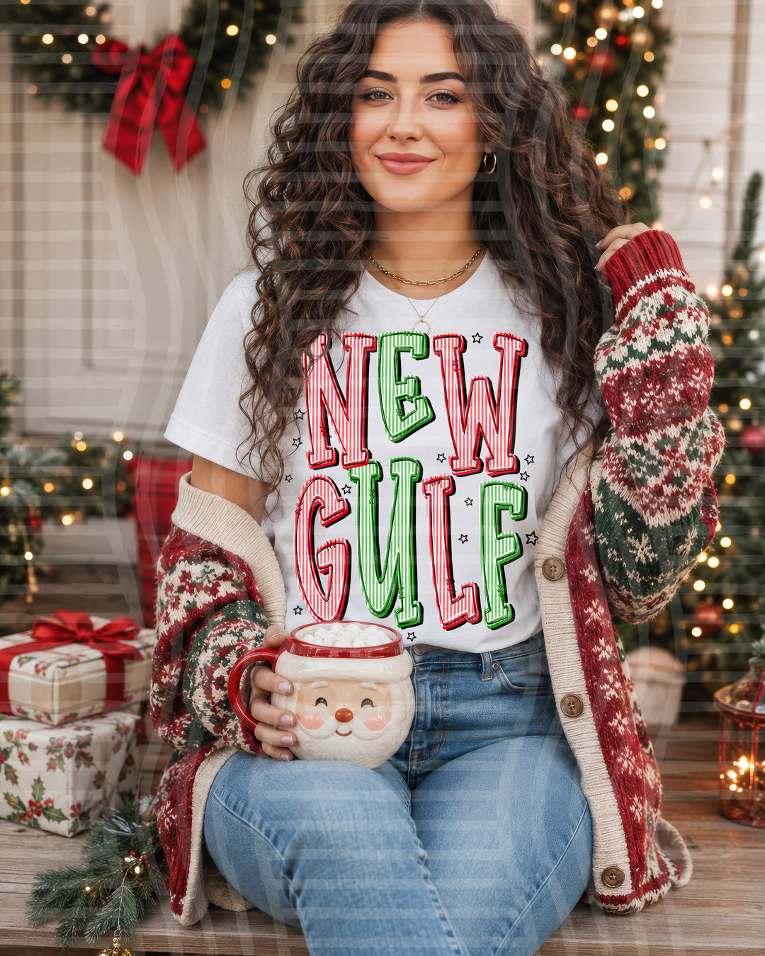 Newgulf Red and Green Christmas Seersucker Mascots DTF transfer