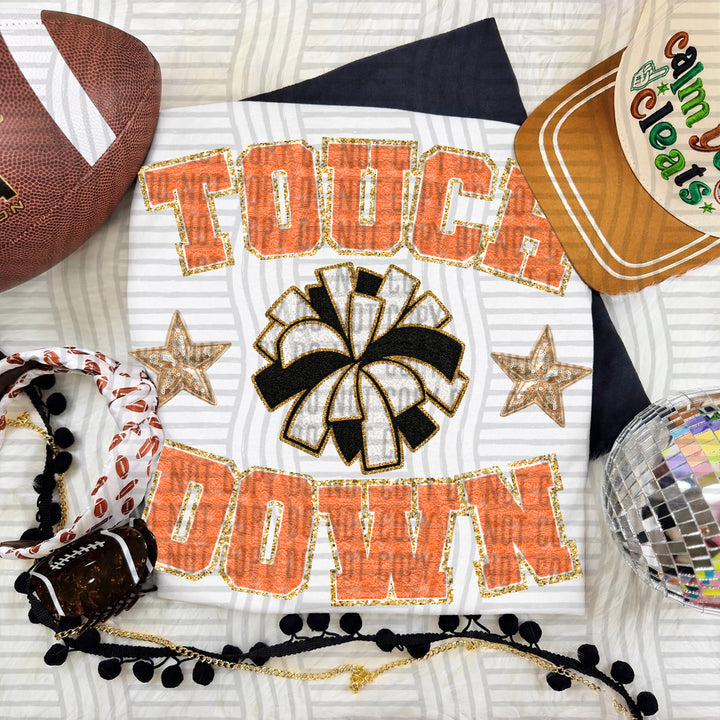 Orange Touchdown Faux Chenille Cheer DTF transfer