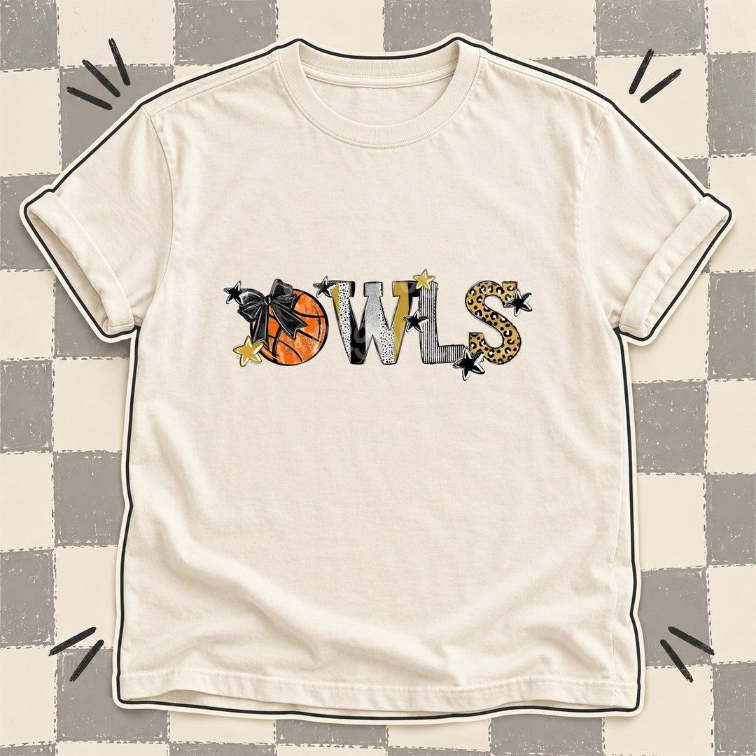 Owls Black Vegas Gold Mixed Doodle Basketball Mascots – Mascot Colors DTF transfer mockup