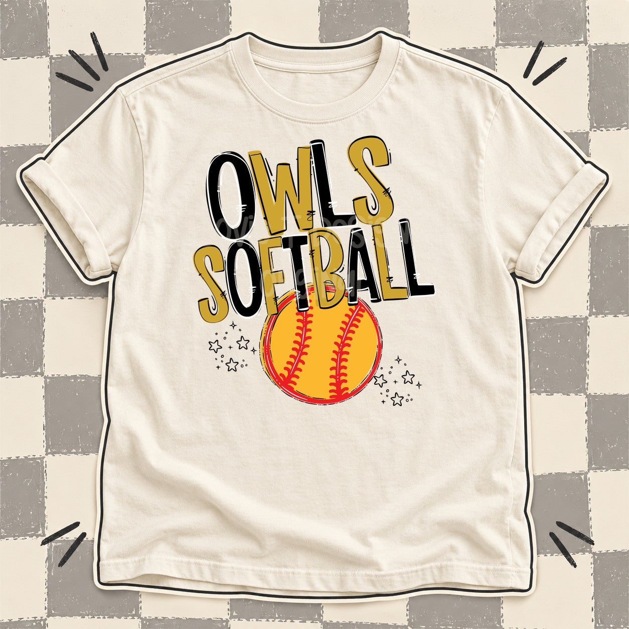 Team Go Softball Mascots Owls Black Vegas Gold design