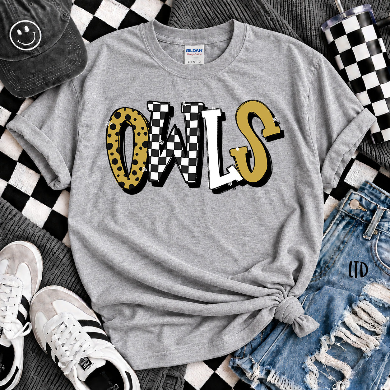 Dot Dot Check Mix Mascots Owls Black Vegas Gold design