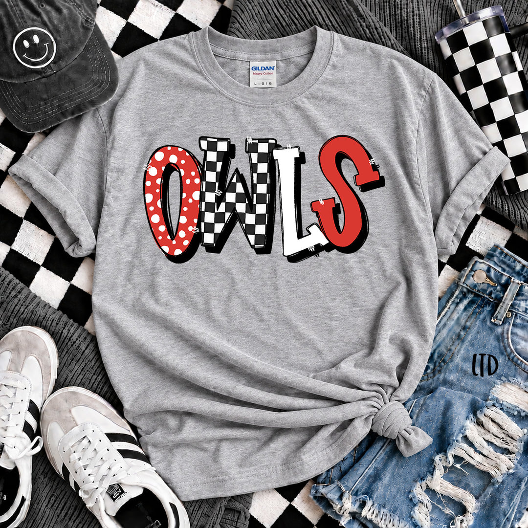 Owls Red White Dot Dot Check Mix Mascots DTF transfer mockup