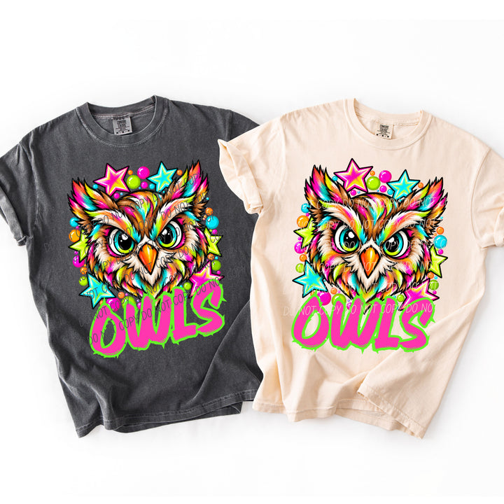 Owls Neon Starstruck mascot DTF transfer