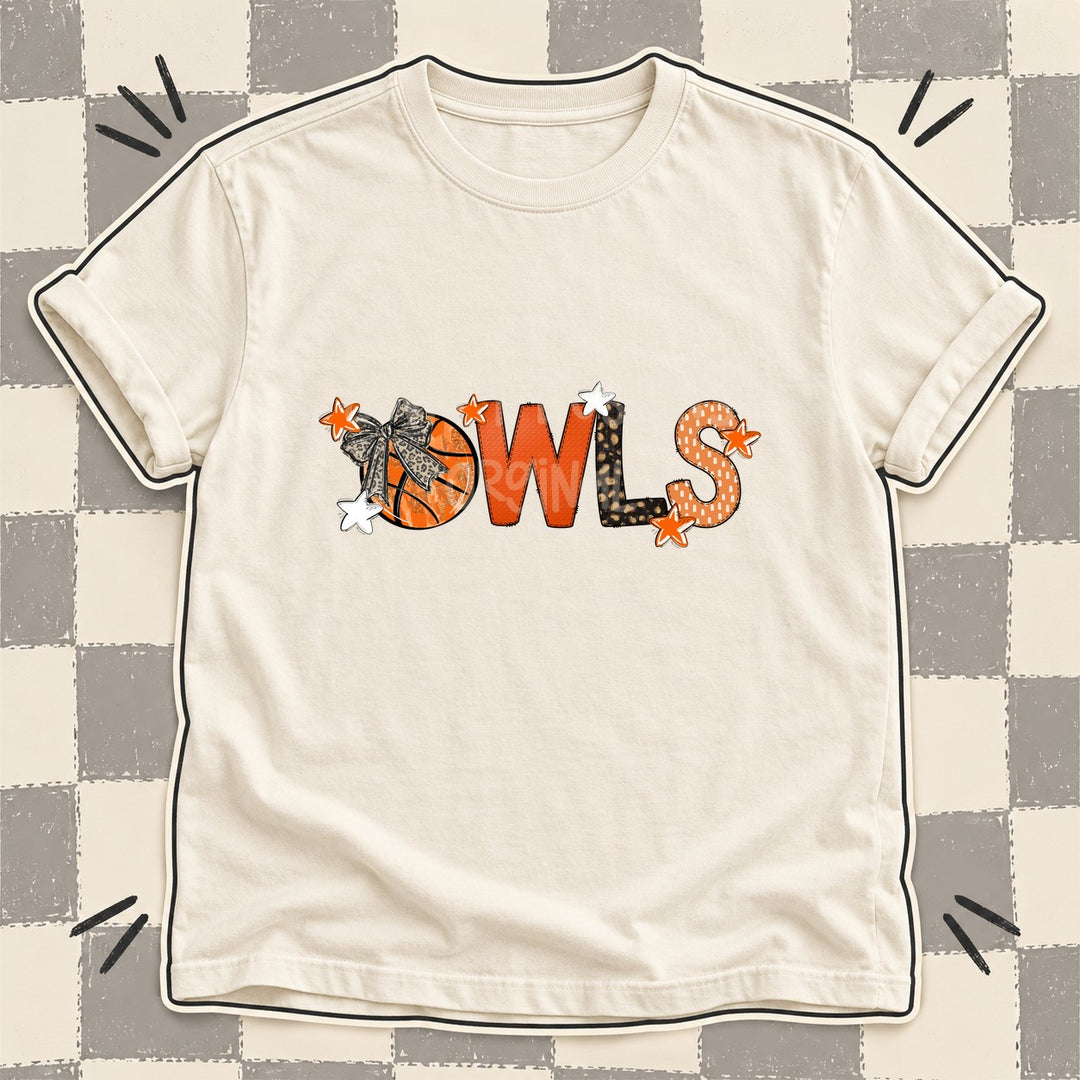 Owls Mixed Doodle Basketball Mascots – Orange and Brown DTF transfer mockup
