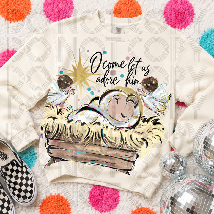 O Come Let Us Adore Him Christmas DTF transfer mockup