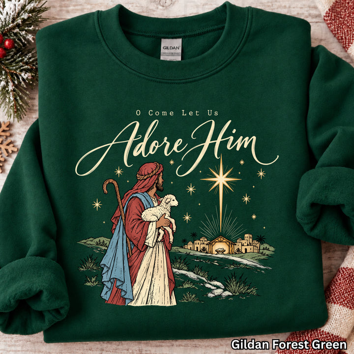 O Come Let Us Adore Him Christmas apparel mockup – Lovie T Designs