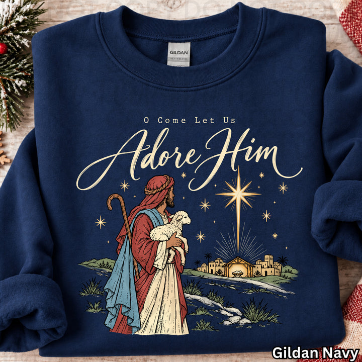 O Come Let Us Adore Him Christmas design on a finished tee or sweatshirt – Lovie T Designs
