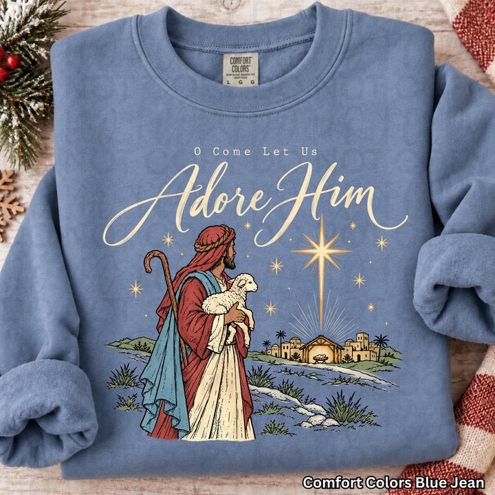 O Come Let Us Adore Him Christmas design on a finished tee or sweatshirt – Lovie T Designs