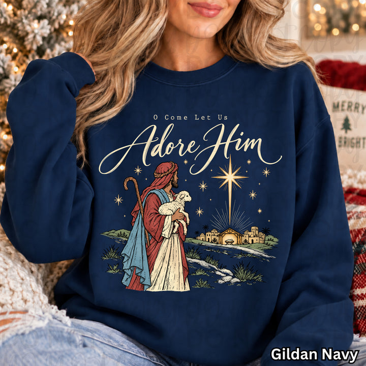 O Come Let Us Adore Him Christmas design on a finished tee or sweatshirt – Lovie T Designs