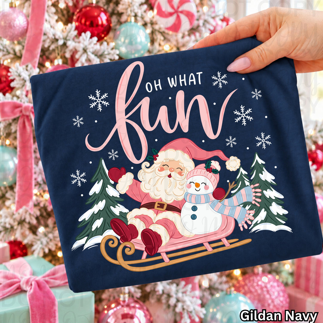 Oh What Fun Pink Santa Sleigh Christmas DTF transfer shown on a shirt