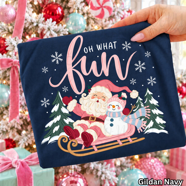 Oh What Fun Pink Santa Sleigh Christmas DTF transfer shown on a shirt