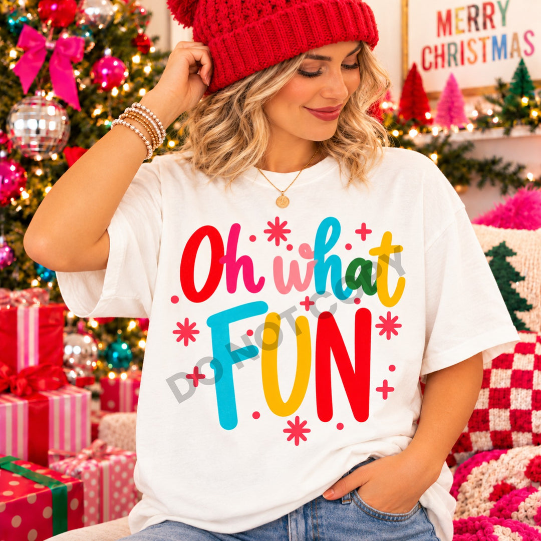 Oh What Fun colorful script Christmas DTF transfer mockup on a cream tee
