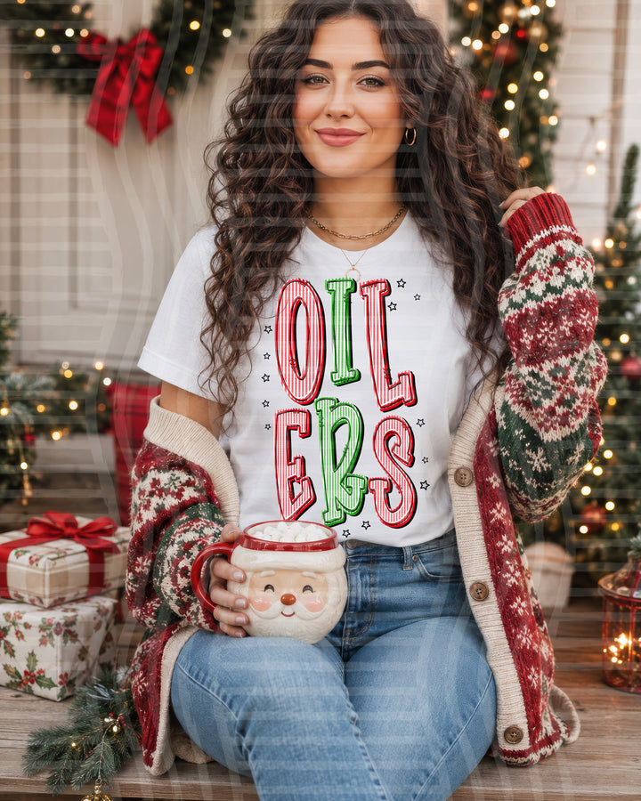 Oilers Red and Green Christmas Seersucker Mascots DTF transfer