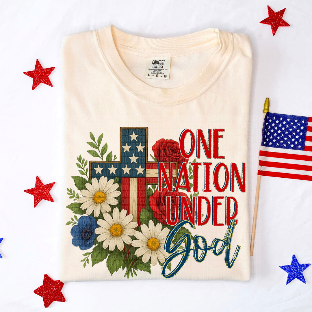 ONE NATION UNDER GOD FLORAL CROSS RED