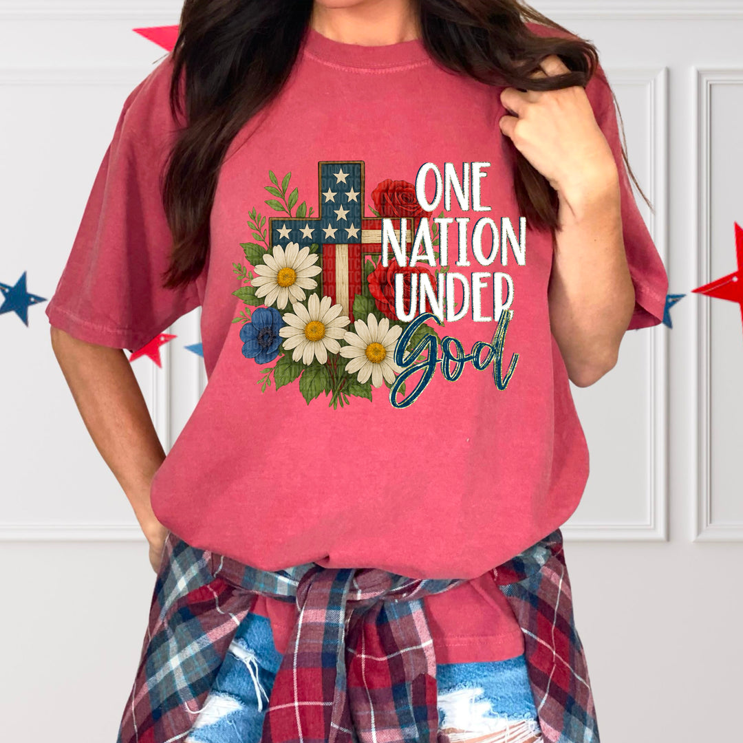 ONE NATION UNDER GOD FLORAL CROSS WHITE