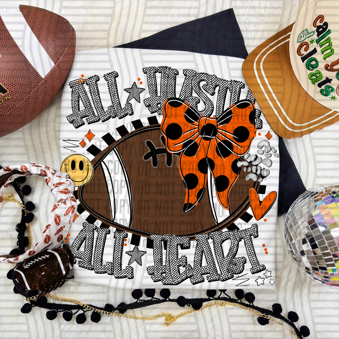 Orange All Hustle All Heart DTF transfer pressed on a tee