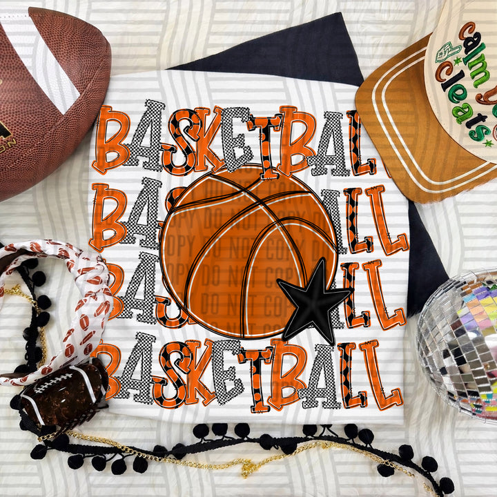 Orange Quad Stacked Basketball DTF transfer on a white tee