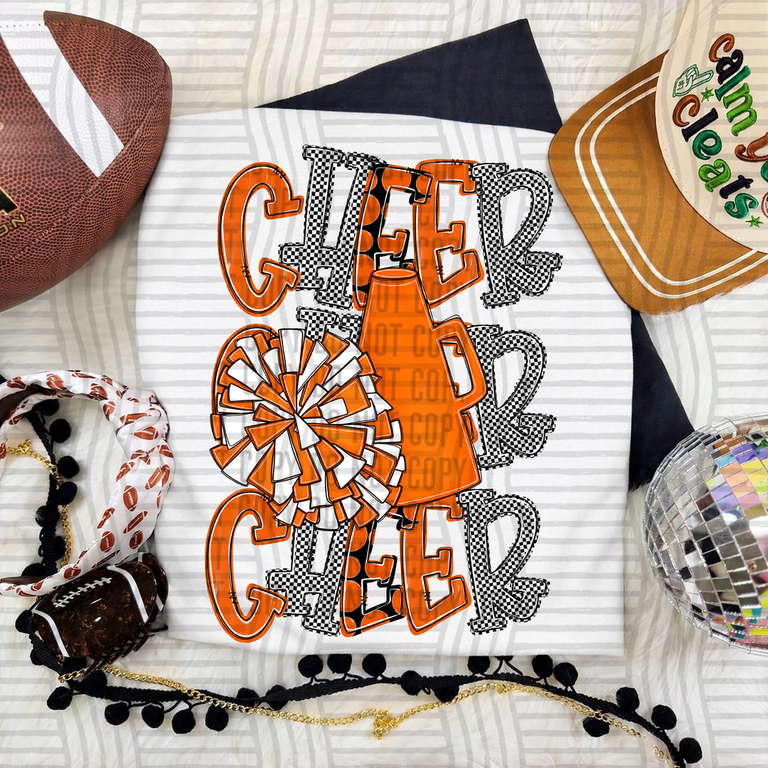 Orange Tri Stacked Cheer DTF transfer on a white tee