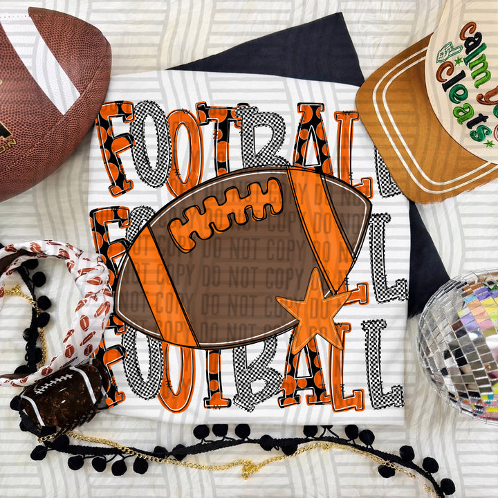 Orange Tri Stacked Football DTF transfer on a white tee