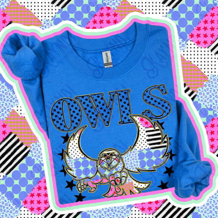 Owls 2 Patchwork Varsity Stars mascot DTF transfer