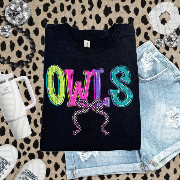Owls Checker Neons Stacked mascot DTF transfer