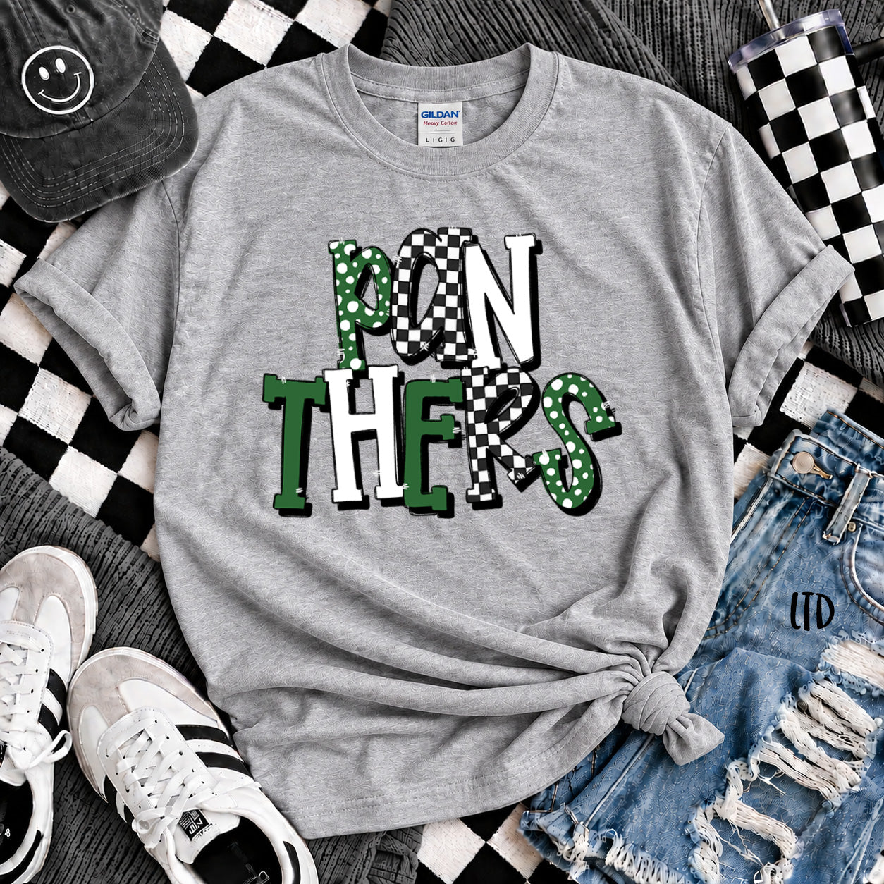 Dot Dot Check Mix Mascots Panthers Kelly Green White Black design