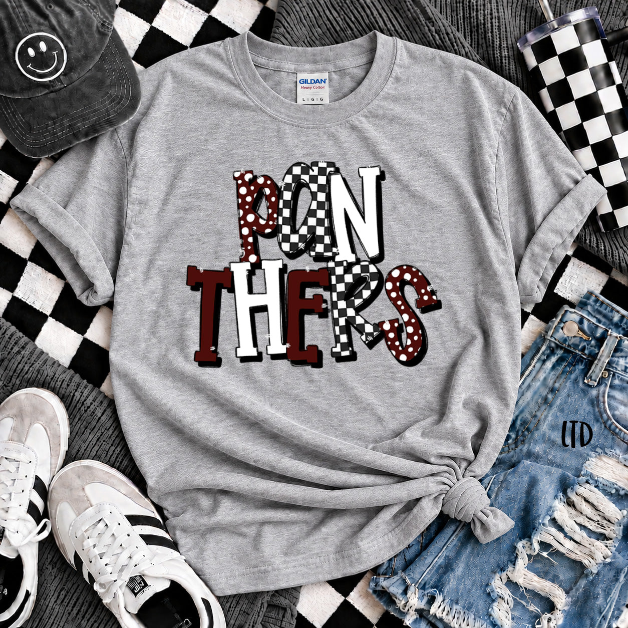 Dot Dot Check Mix Mascots Panthers Maroon Black design