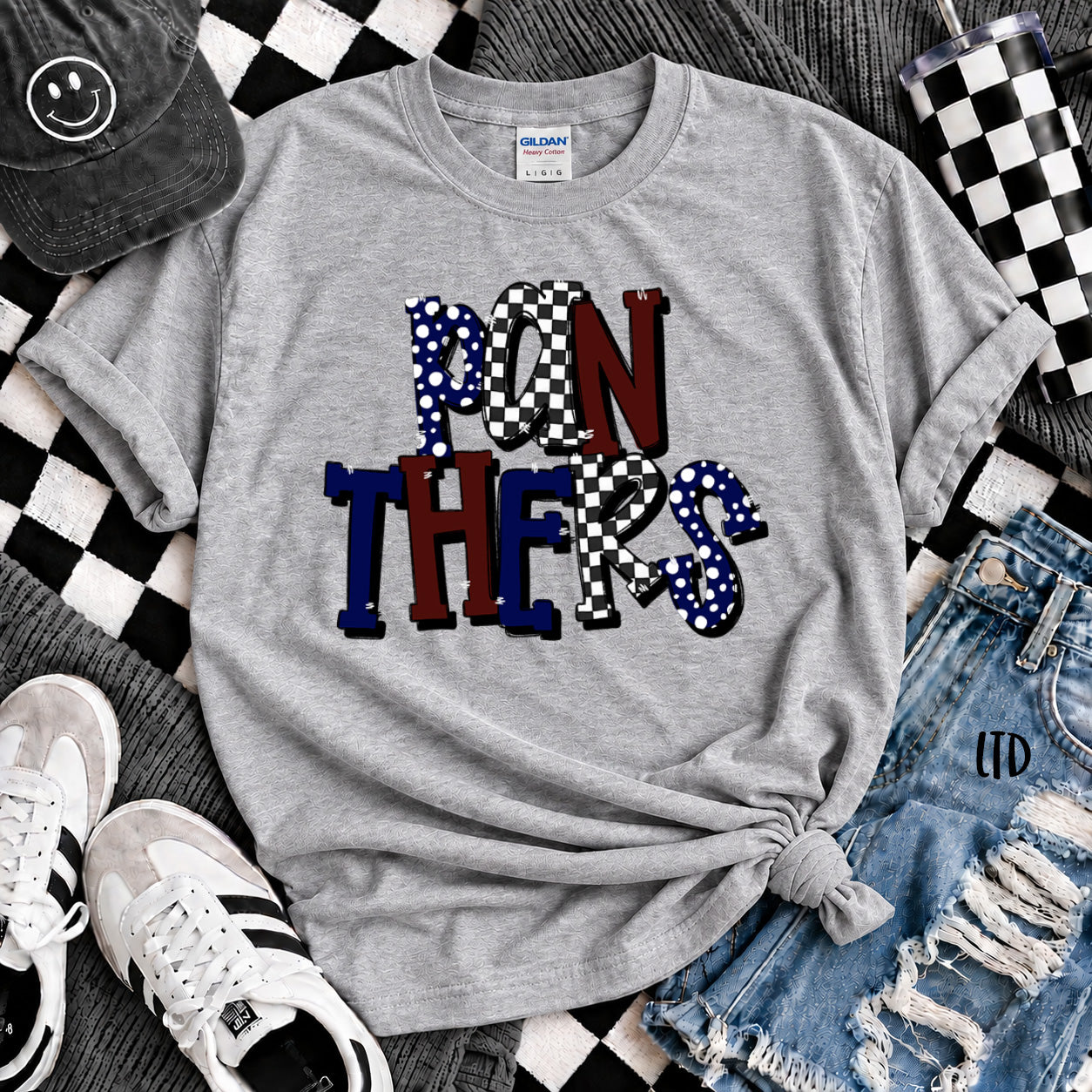 Dot Dot Check Mix Mascots Panthers Navy Maroon design