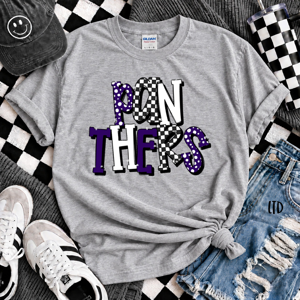 Dot Dot Check Mix Mascots Panthers Purple White Black design