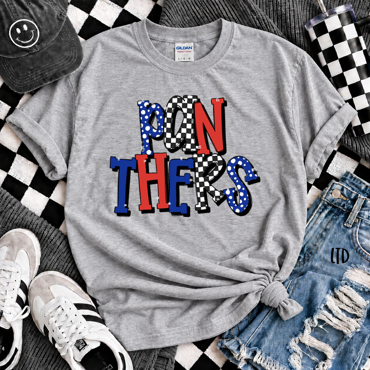 Dot Dot Check Mix Mascots Panthers Royal Blue Red design