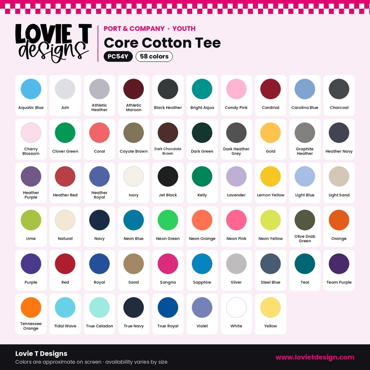 Port & Co PC54Y youth tee color chart – 58 colors