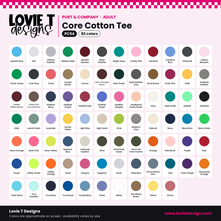 Port & Co PC54 adult tee color chart – 82 colors