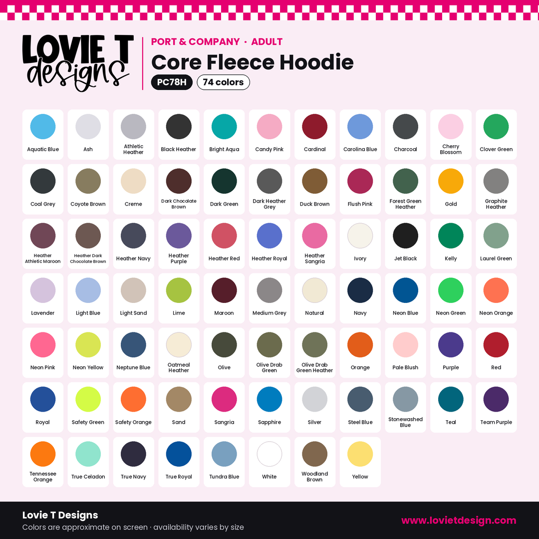 Port & Co PC78H adult hoodie color chart – 74 colors