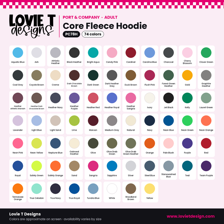 Port & Co PC78H adult hoodie color chart – 74 colors