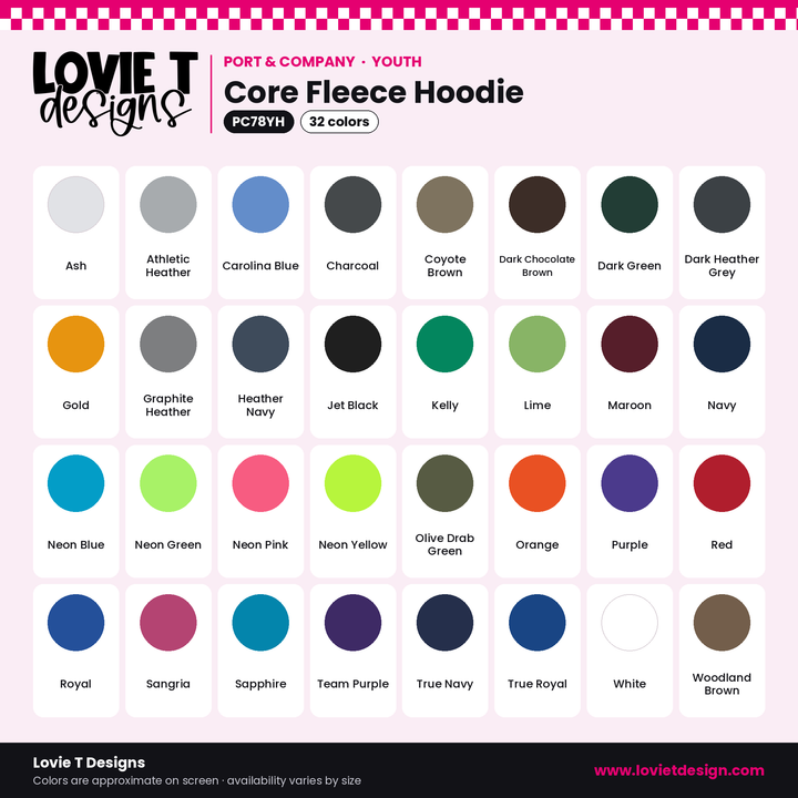 Port & Co PC78YH youth hoodie color chart – 32 colors